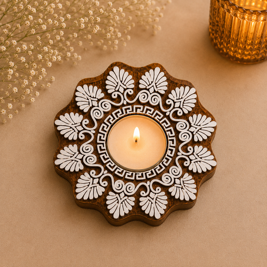 Ornate Floral Wooden Tea Light Candle Holder