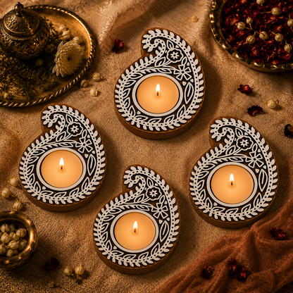 Paisley Floral Wooden Tea Light Candle Holder