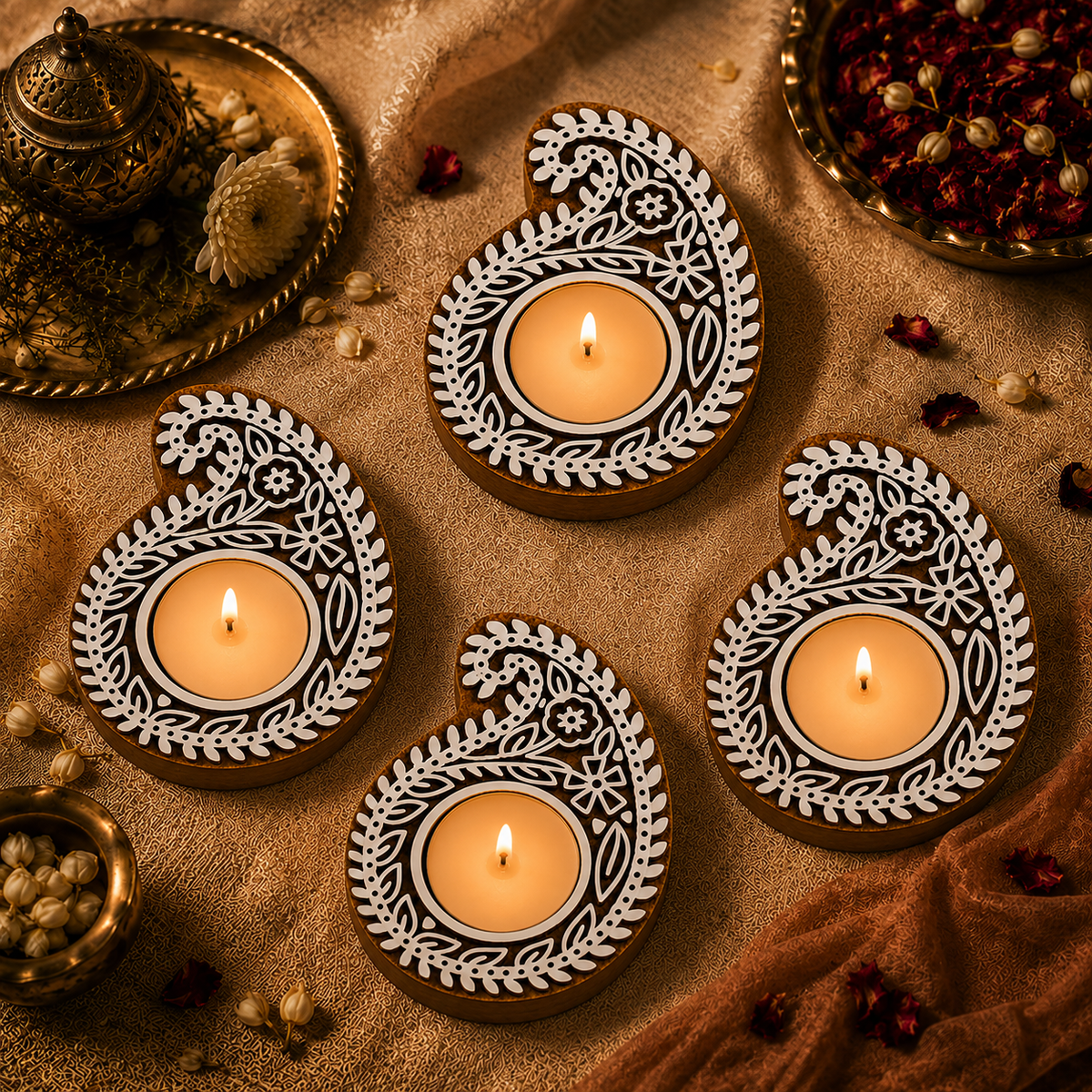 Paisley Floral Wooden Tea Light Candle Holder