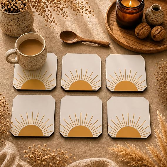 Scandinavian Sunrise Pattern Wooden Coasters Set of 6