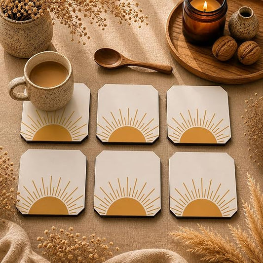 Scandinavian Sunrise Pattern Wooden Coasters Set of 6