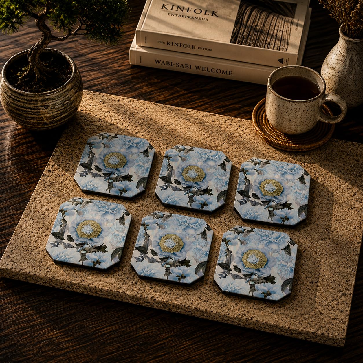Blue Peony Bloom Coasters Set Of 6