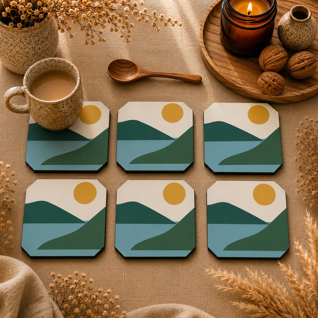 Minimal Mountain Lake Wooden Coasters Set of 6