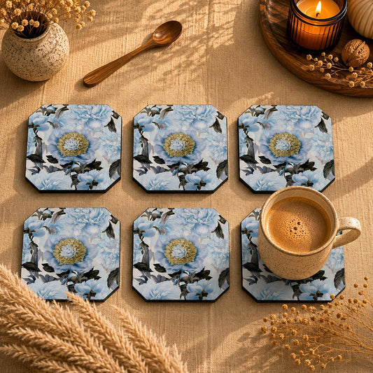 Blue Peony Bloom Coasters Set Of 6