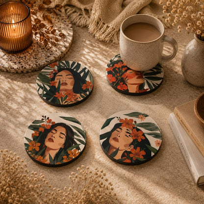 Woman Wooden Coasters Set of 4