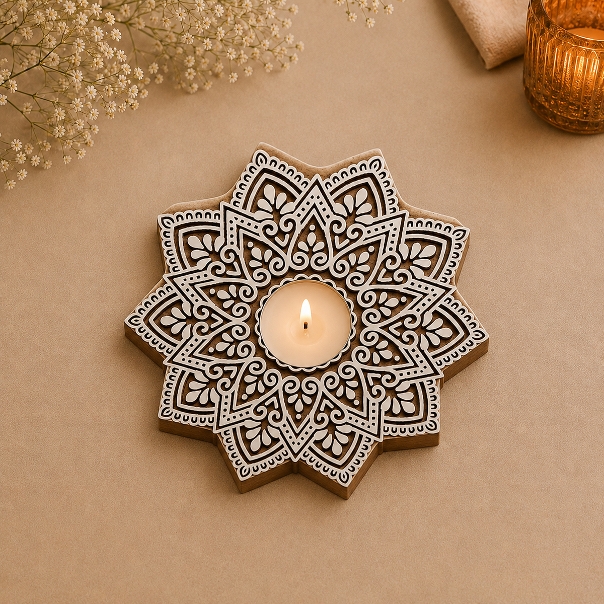 Star Mandala Wooden Tea Light Candle Holder