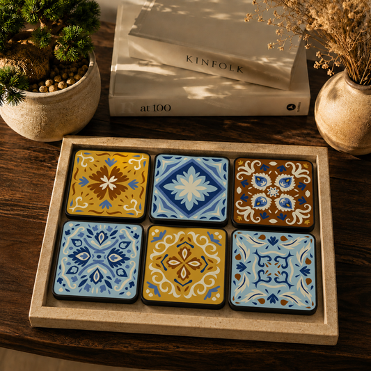 Decorative Tile Print Wooden Coasters Set of 6