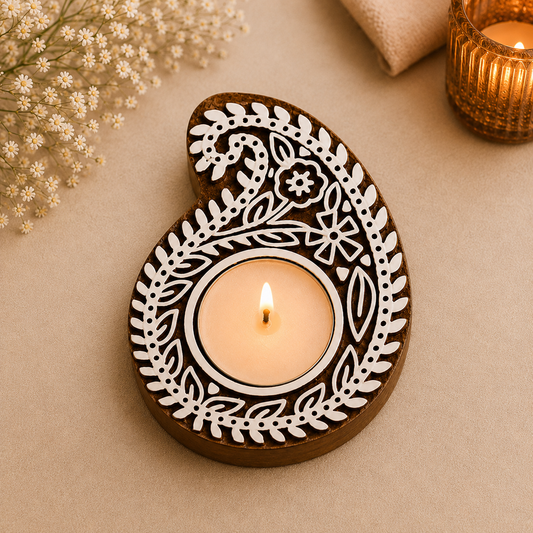 Paisley Floral Wooden Tea Light Candle Holder