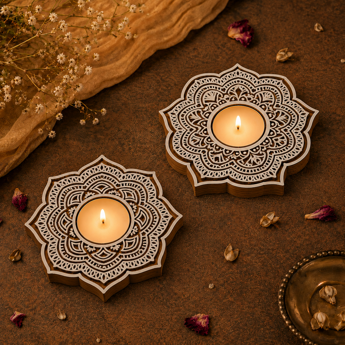 Traditional Mandala Wooden Tea Light Candle Holder