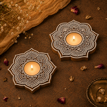 Traditional Mandala Wooden Tea Light Candle Holder