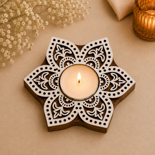 Wooden  Floral Lotus Tea Light Candle Holder
