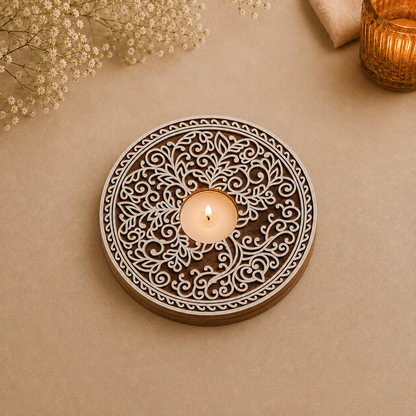 Round Pattern Wooden Tea Light Candle Holder Stand