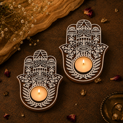 Hamsa Hand Wooden Tea Light Candle Holder