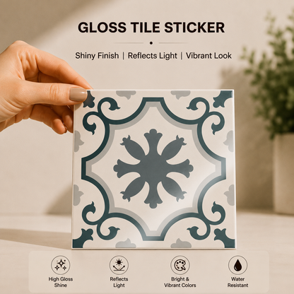 Blue Grey Vintage Floral Tile Sticker