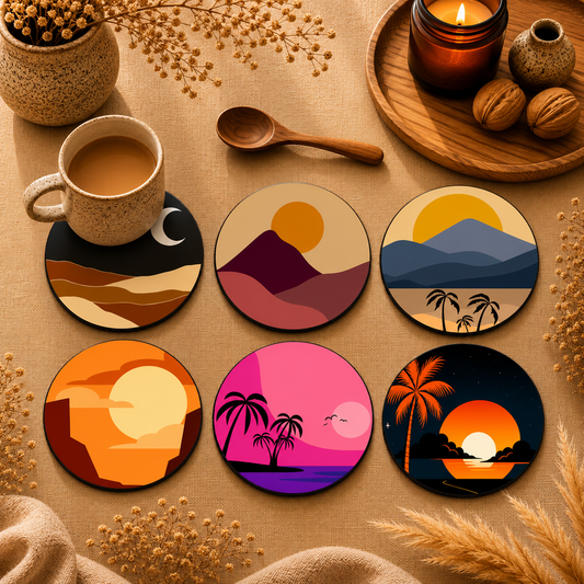 Round Nature Sunset Wooden Coasters Set of 6