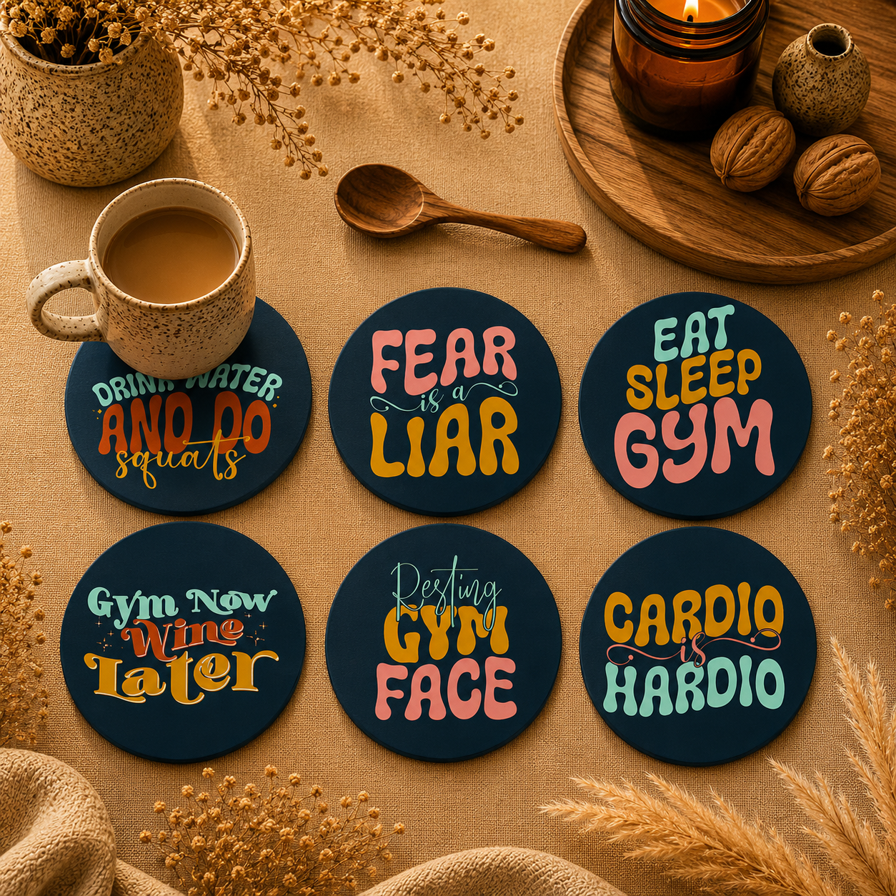 Gym Motivation Round Wooden Coasters Set of 6