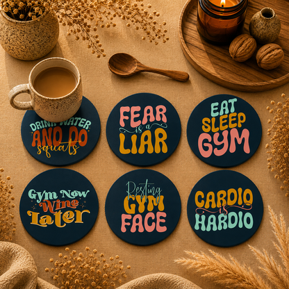 Gym Motivation Round Wooden Coasters Set of 6