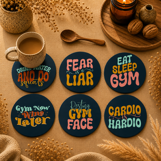 Gym Motivation Round Wooden Coasters Set of 6