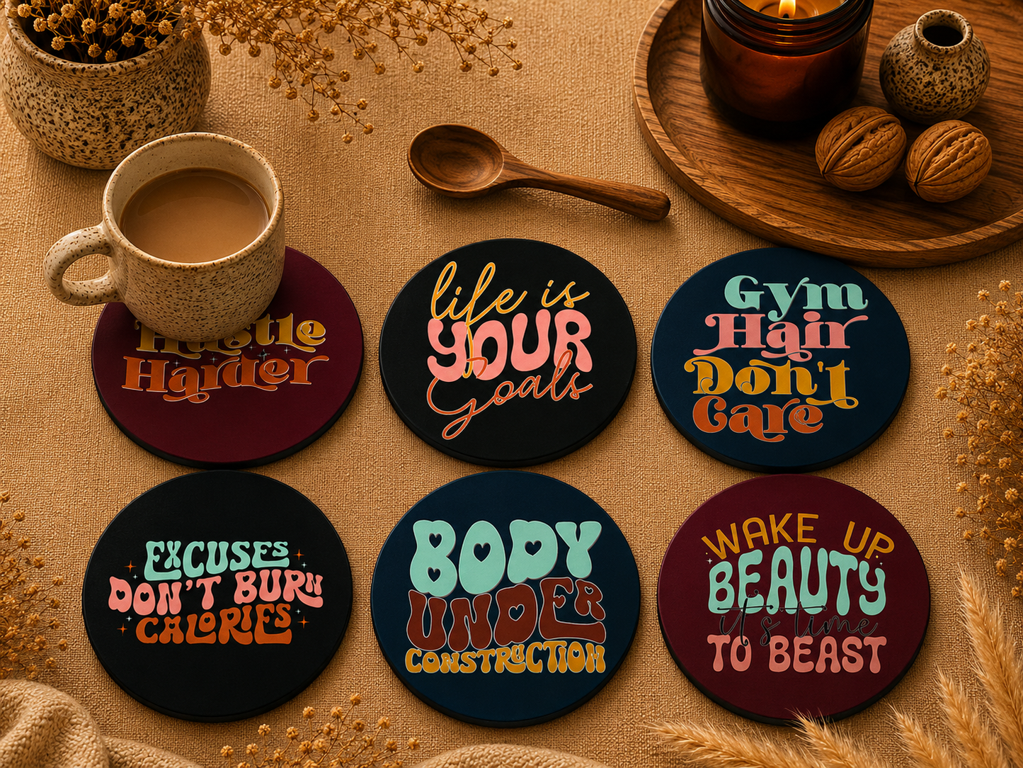 Fitness Typography Round Wooden Coasters Set of 6