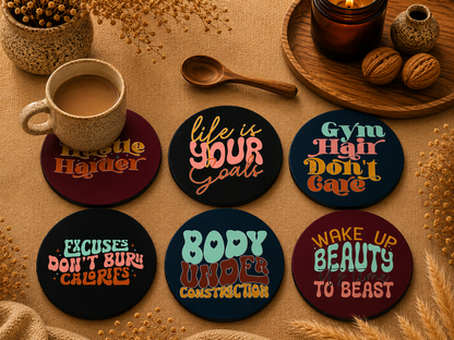 Fitness Typography Round Wooden Coasters Set of 6