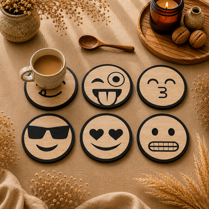 Emoji Face Round Wooden Coasters Set of 6
