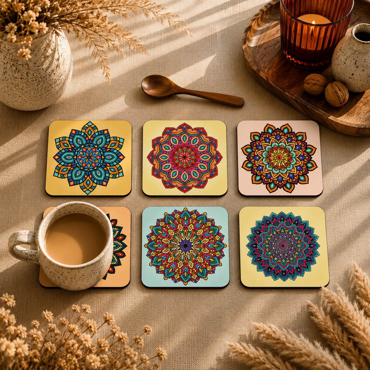 Ethnic Mandala Wooden Coasters Set of 6
