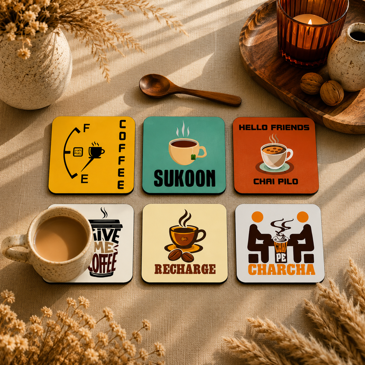 Tea & Coffee Quote Wooden Coasters Set of 6