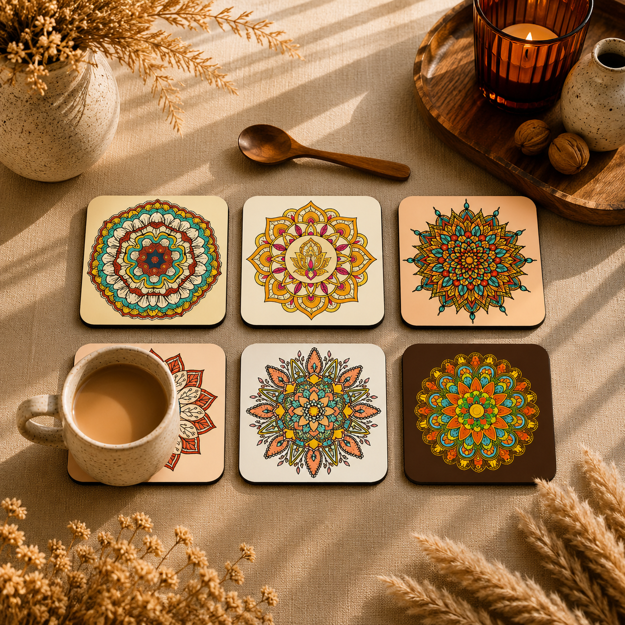 Vibrant Mandala Wooden Coasters Set of 6