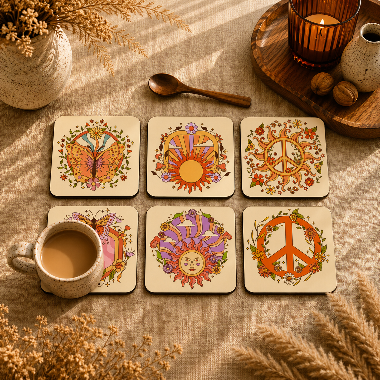 Geometric Mandala Wooden Coasters Set of 6