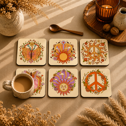 Geometric Mandala Wooden Coasters Set of 6