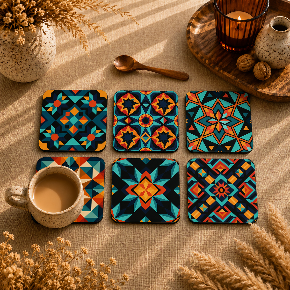 Geometric Mandala Wooden Coasters Set of 6