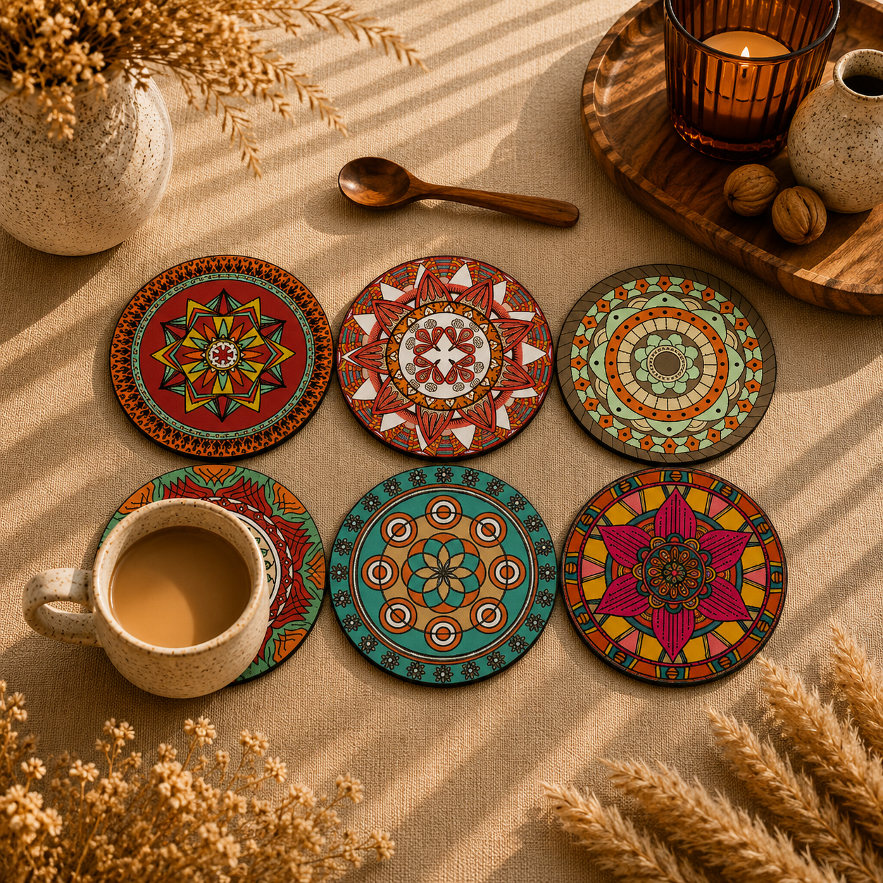 Round Mandala Wooden Coasters Set of 6