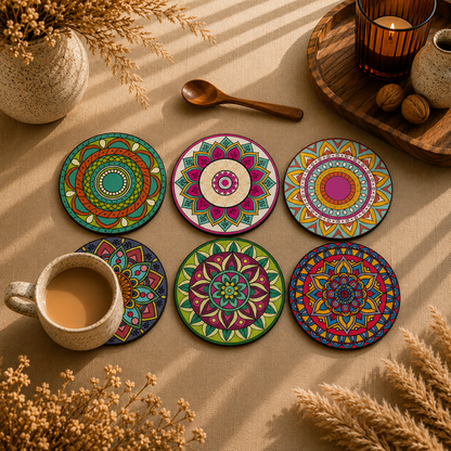 Vibrant Mandala Wooden Coasters Set of 6