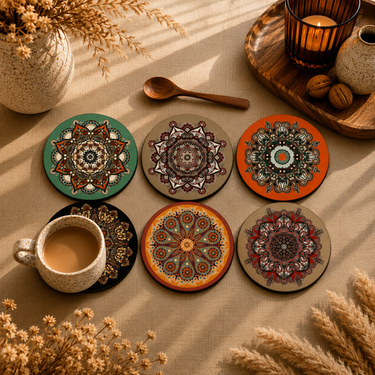 Ornamental Mandala Wooden Coasters Set of 6