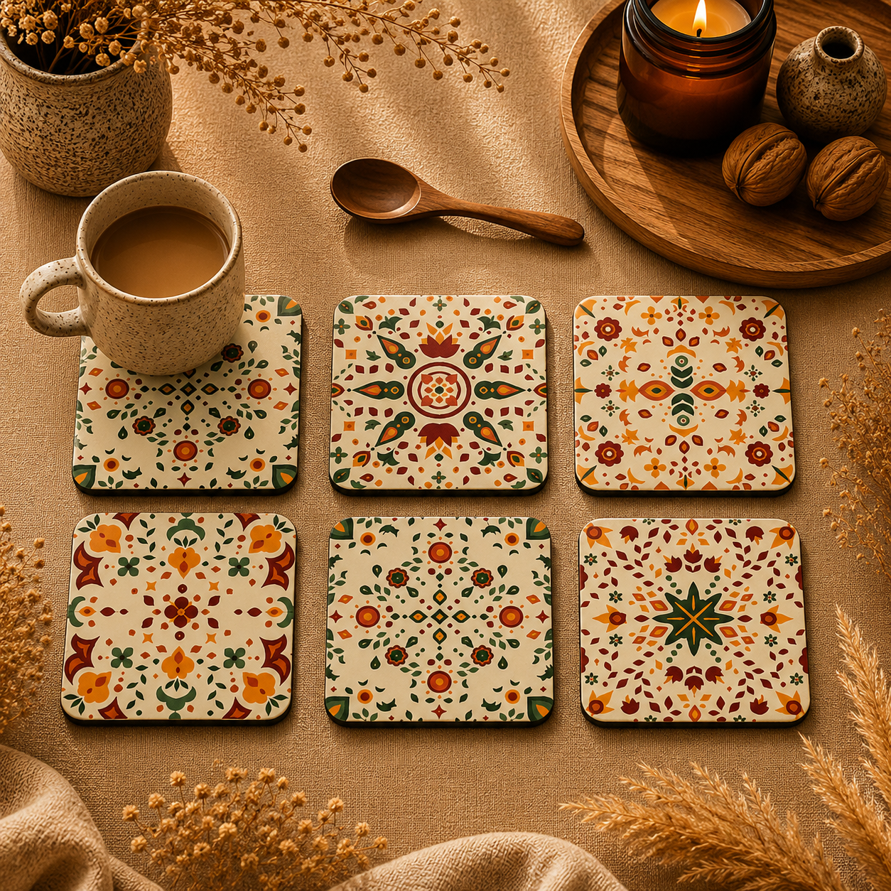 Moroccan Mandala Wooden Coasters Set of 6