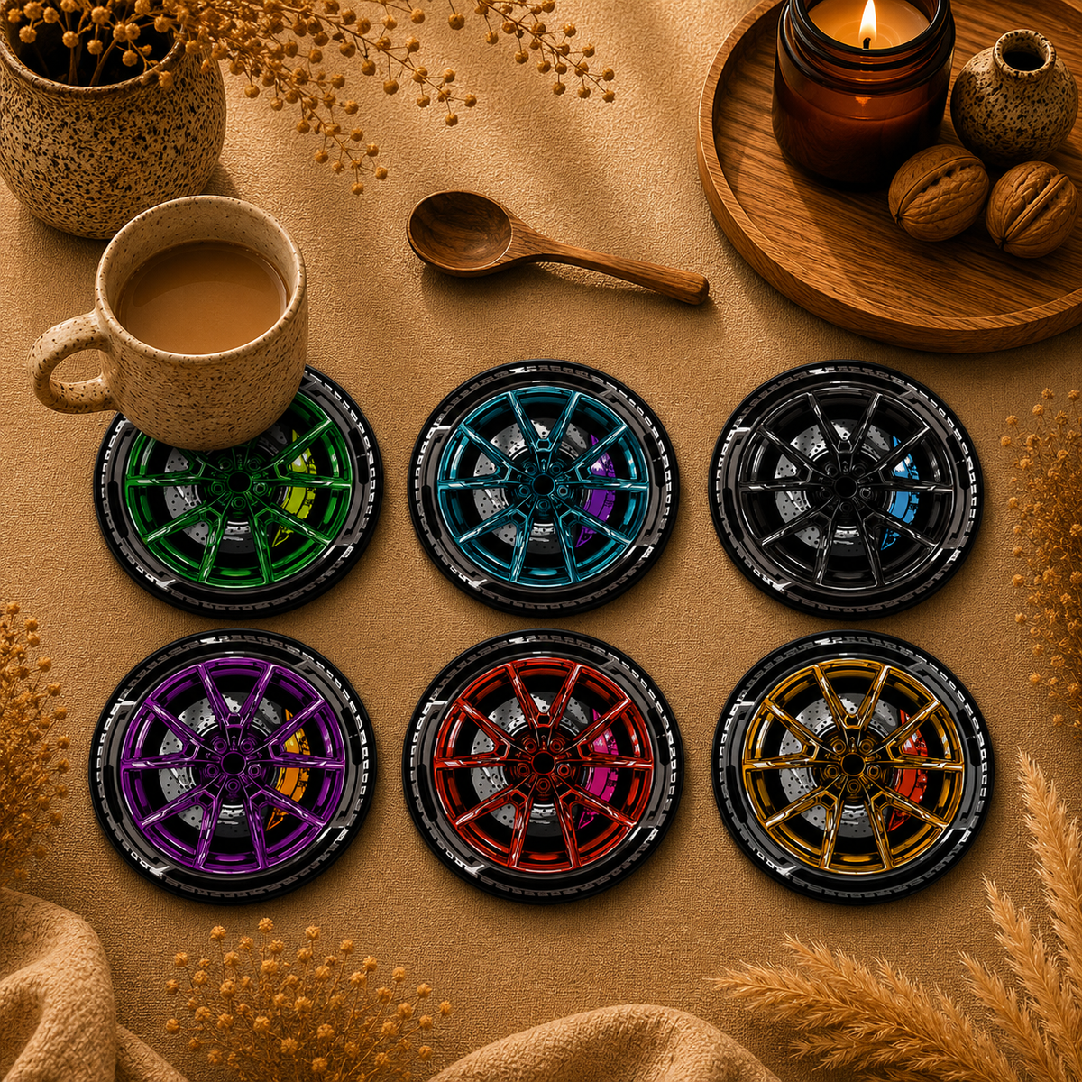 Wheel Table Quote Wooden Coasters Set of 6