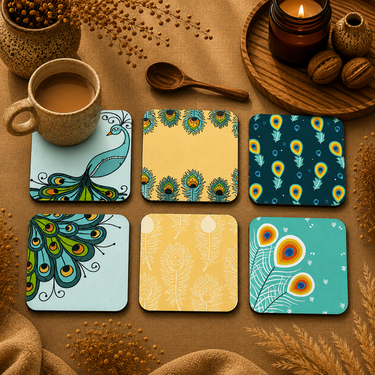 Peacock Elegance Wooden Coasters Set of 6