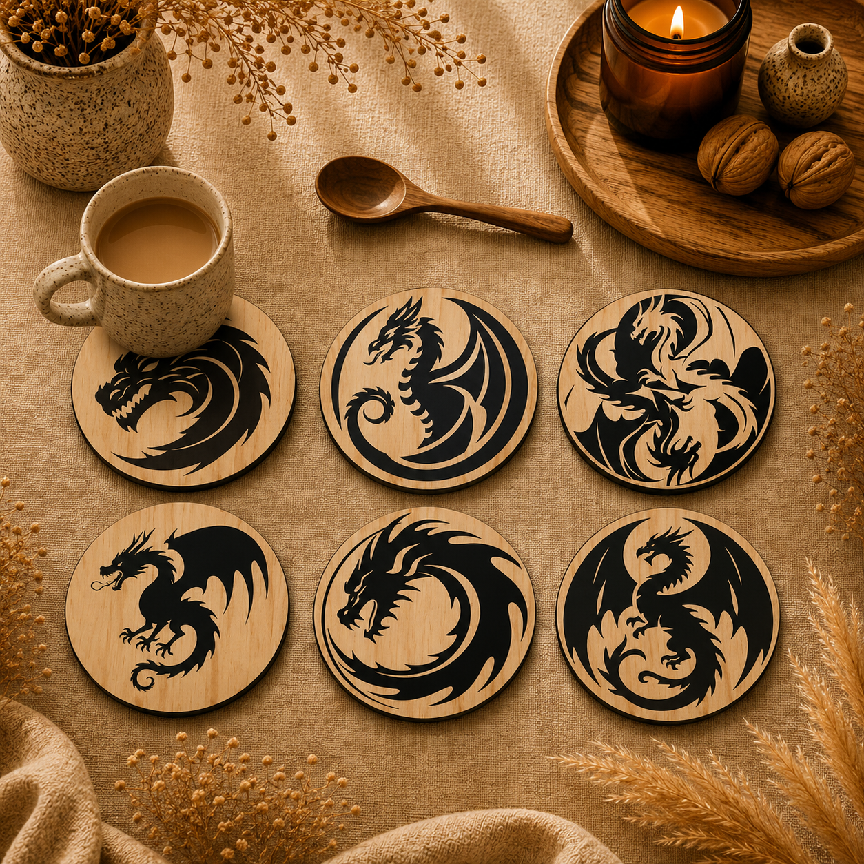 Dragon Wooden Coasters Set of 6