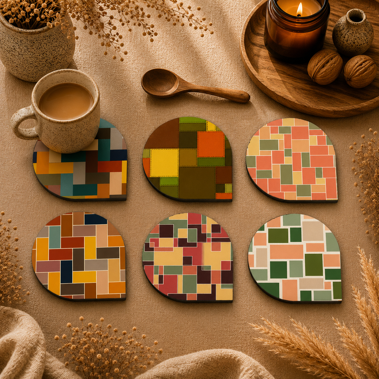 Patchwork Pattern Wooden Coasters Set of 6