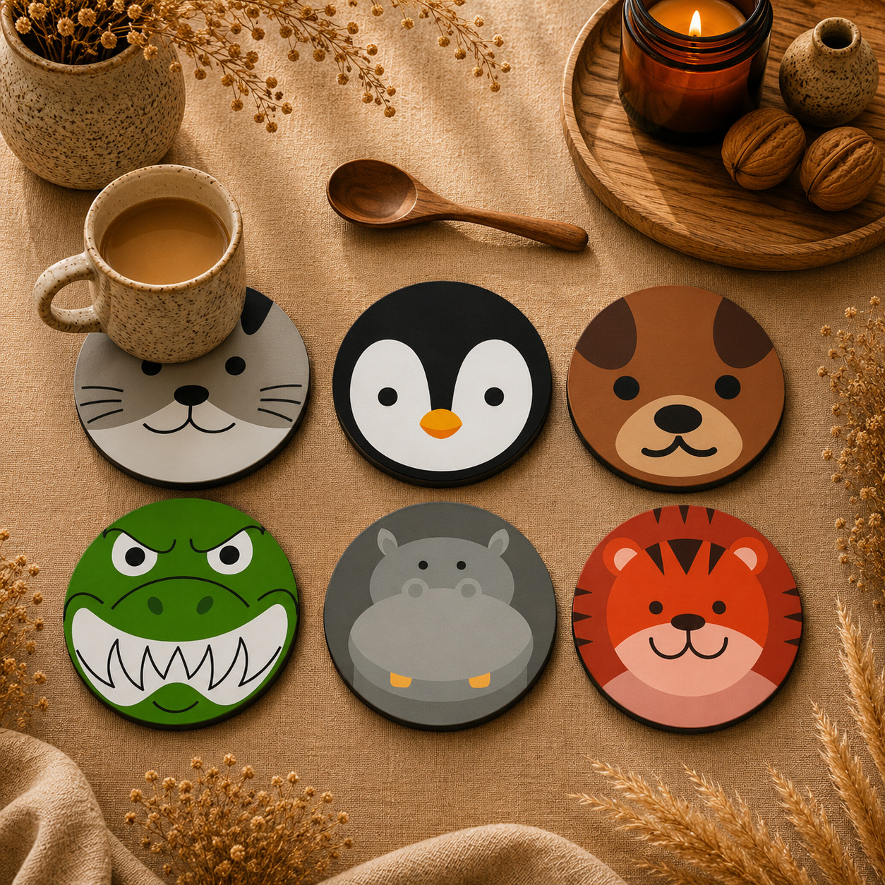 Happy Animal Wooden Coasters Set of 6