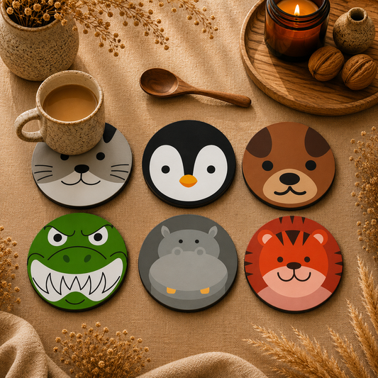 Happy Animal Wooden Coasters Set of 6