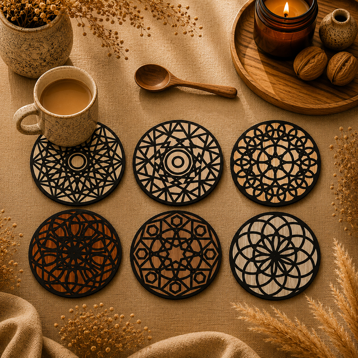 Intricate Pattern Wooden Coasters Set of 6