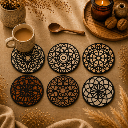 Intricate Pattern Wooden Coasters Set of 6