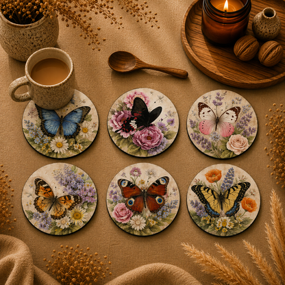 Butterfly Bloom Wooden Coasters Set of 6