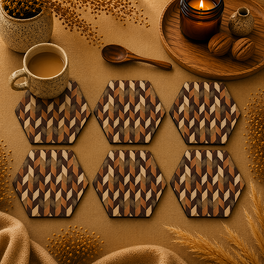 Hexagon Pattern Wooden Coasters Set of 6