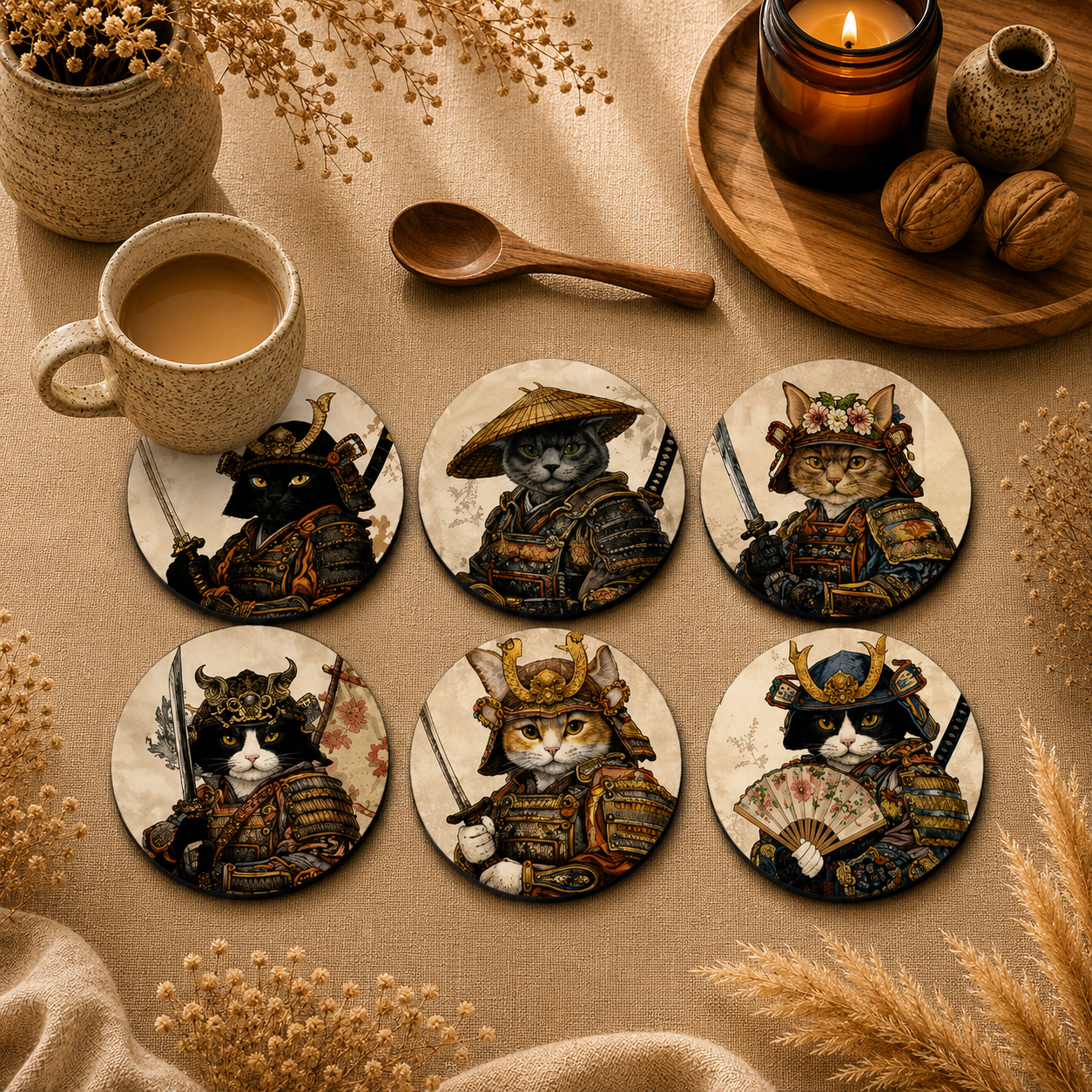 Samurai Cat Coasters Pack of 6