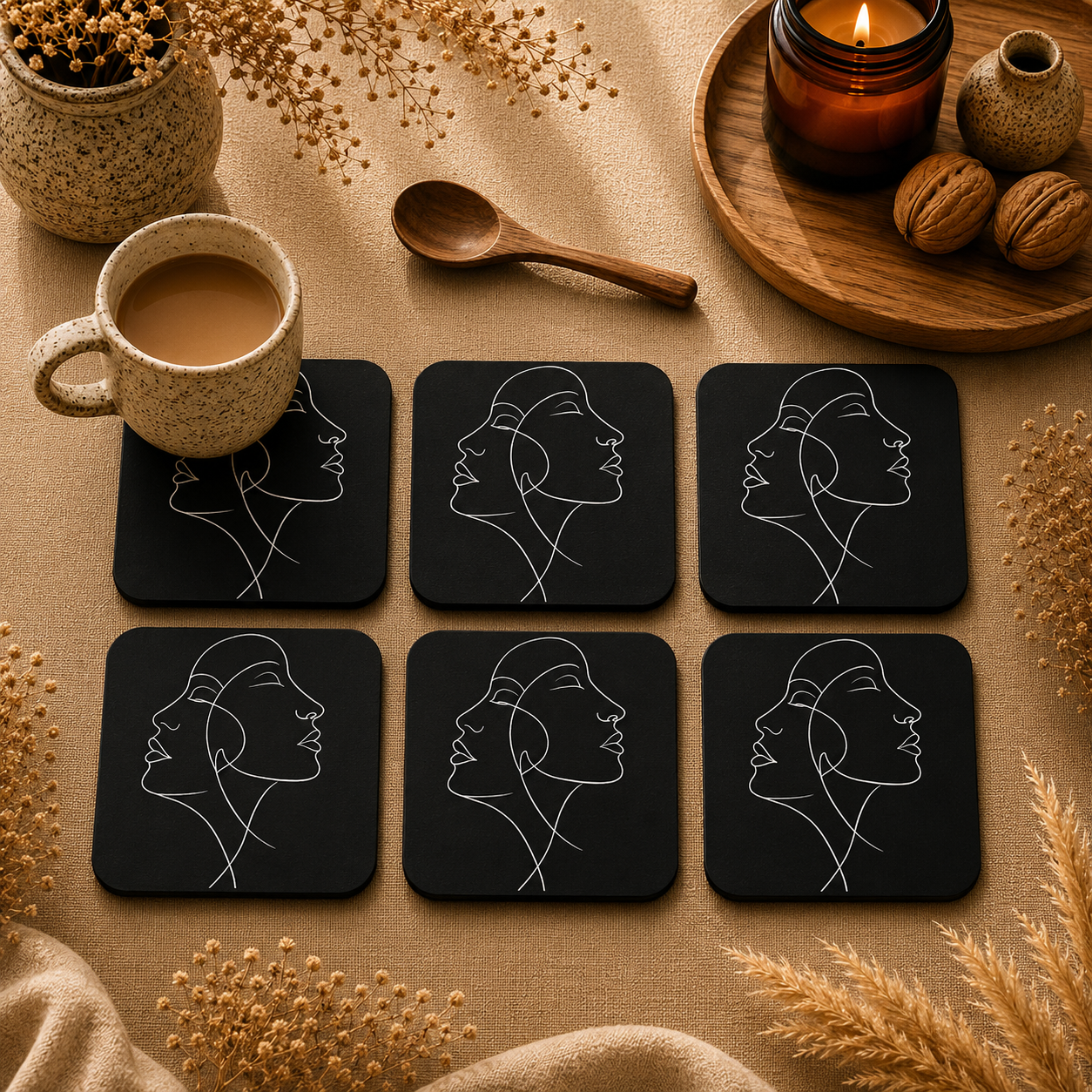 Noir Line Art Coasters Pack of 6