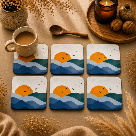 Minimal Ocean Sunset Wooden Coasters Set of 6