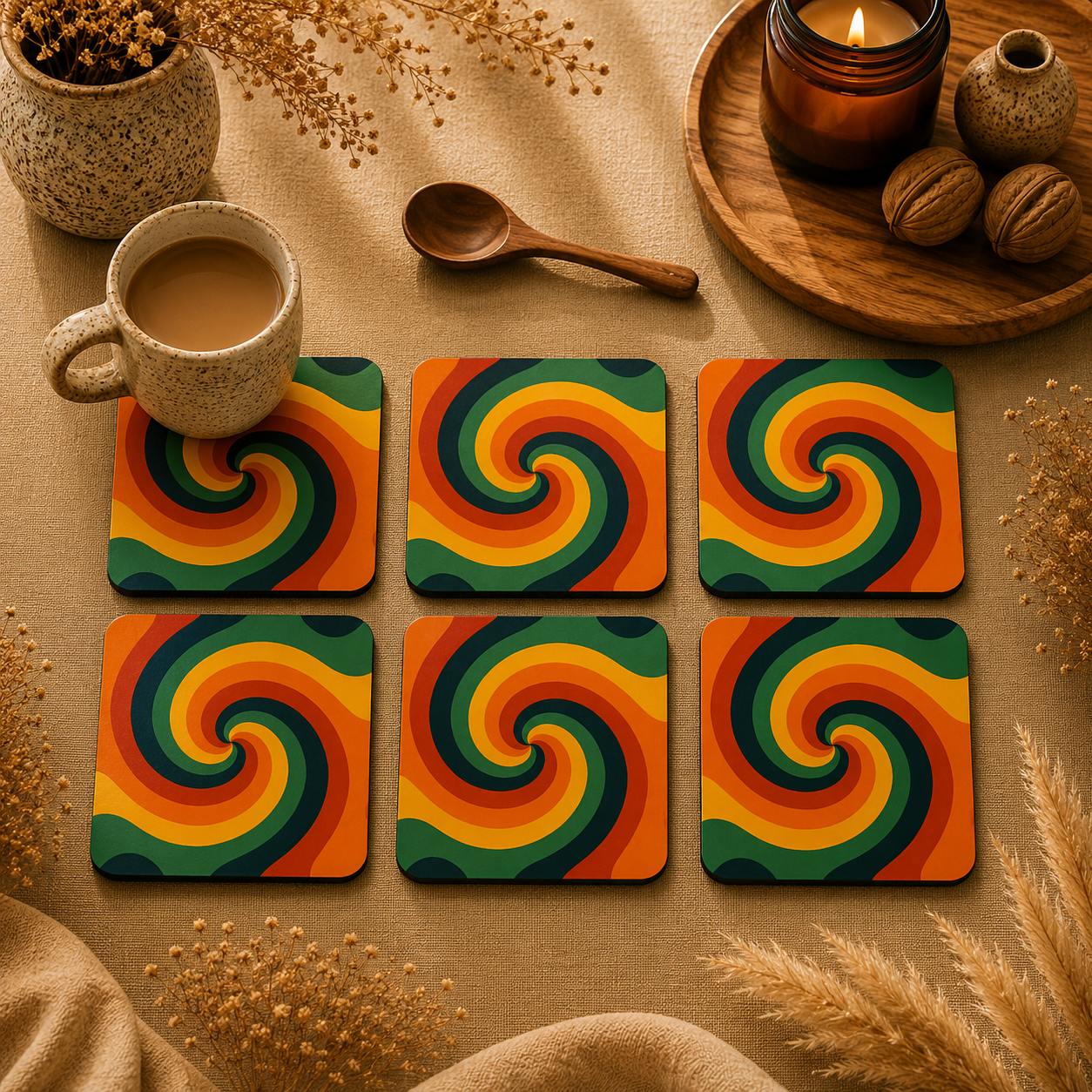 Retro Psychedelic Swirl Wooden Coasters Set of 6