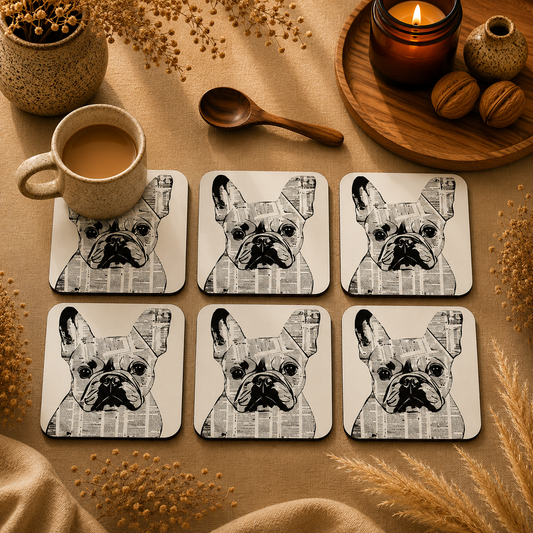 Modern French Bulldog Portrait Wooden Coasters Set of 6